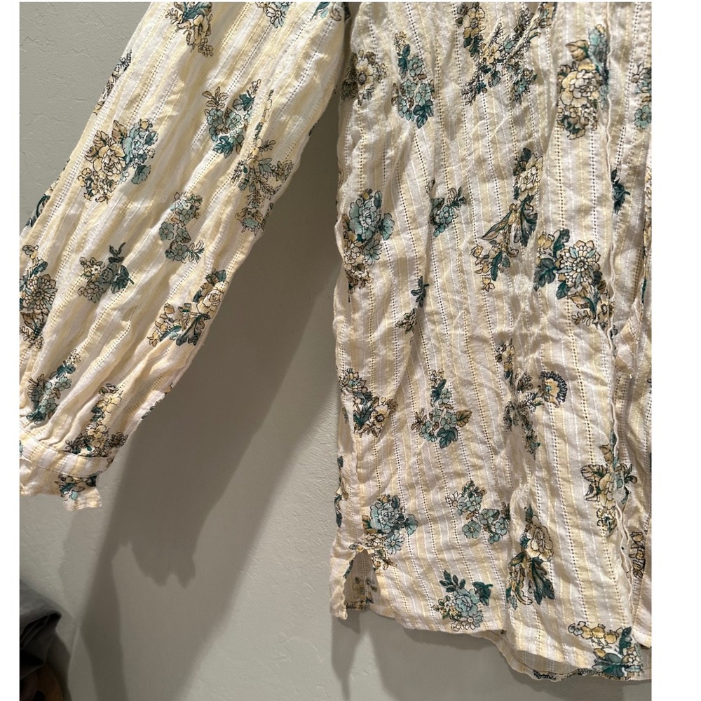 LOFT Floral Bouquet Ruffle Neck Button Front Cotton Blouse Large Peasant Boho - Picture 7 of 10